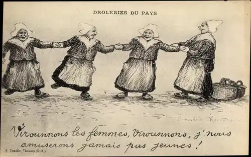 Litho Ak Thouars Deux Sèvres, Drôleries du Pays, Groupe de Femmes qui Dansent