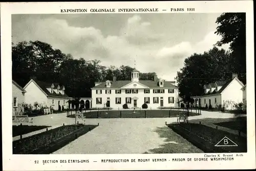 Ak Paris, Exposition Coloniale Internationale 1931, Etats Unis, Reproduction de Mount Vernon