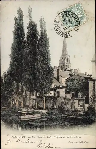 Ak Vendôme Loir et Cher, Un Coin du Loir, l´Eglise de la Madeleine