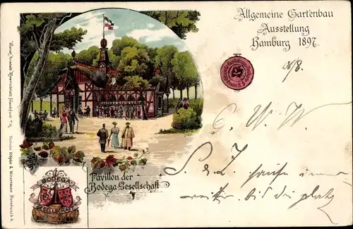 Litho Hamburg Mitte Altstadt, Allgemeine Gartenbauausstellung 1897, Pavillon der Bodega Gesllschaft