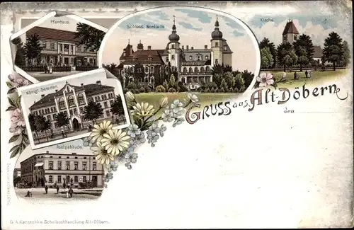 Litho Altdöbern in der Niederlausitz, Pfarrhaus, Schloss, Kirche, Königl Seminar, Postgebäude