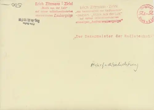 Foto Fritz Belke, Erich Zitzmann Zirini, elektronische Ätherwellengeige, Mehrfachbelichtung