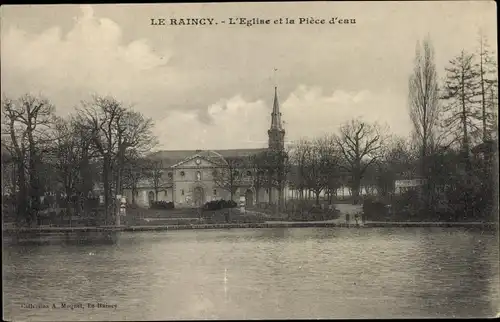 Ak Le Raincy Seine Saint Denis, Église et la Pièce d´Eau