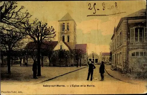 Ak Saacy sur Marne Seine et Marne, Église et Mairie