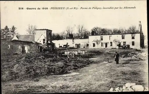 Ak Puisieux Seine-et-Marne, Ferme de Poligny, Incendiée par les Allemands, Guerre de 1914