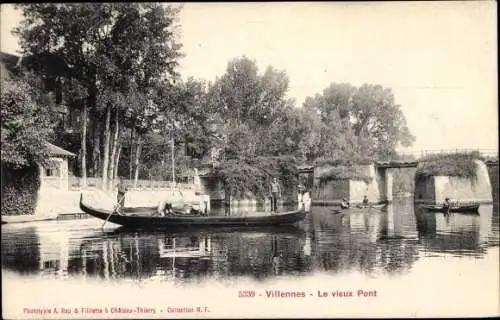 Ak Villennes sur Seine Yvelines, Le Vieux Pont, Barques