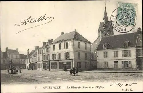 Ak Angerville Essonne, Place du Marché et l´Église