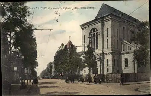 Ak Clichy Hauts de Seine, Nouvelle Église et le Boulevard National