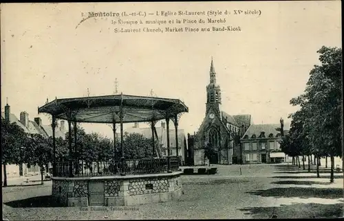 Ak Montoire Loir et Cher, L´Église Saint Laurent et le Kiosque