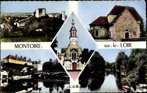 Ak Montoire sur le Loir et Cher, L´Église, Le Pont, Le Donjon