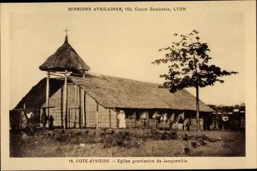 Ak Jacqueville Elfenbeinküste, Eglise provisoire, Missions Africaines, Lyon