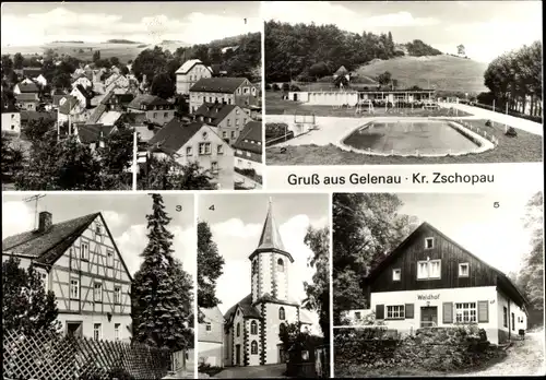 Ak Gelenau im Erzgebirge, Übersicht, Freibad, Fachwerkhaus, Kirche, Ausflugsgaststätte Waldhof