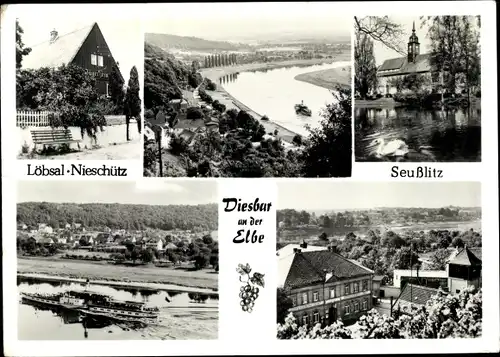 Ak Diesbar Seußlitz Nünchritz an der Elbe, Löbsal Nieschütz, Panorama, Partie an der Kirche