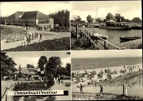 Ak Ostseebad Prerow auf dem Darß Fischland, HO Gaststätte Dünenhaus, Am Cafe Strandeck, Am Hafen