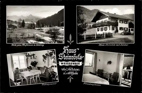 Ak Füssen im Ostallgäu, Haus Steinrösle, Wohnzimmer, Fremdenzimmer, Blick zum Weißensee