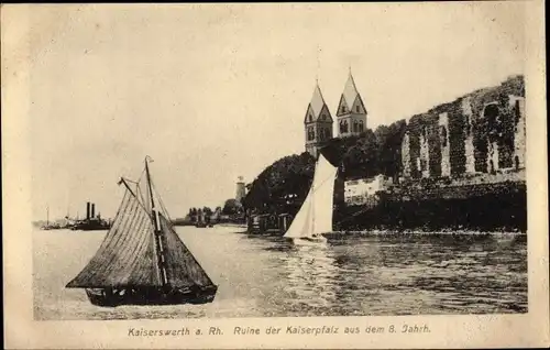 Ak Kaiserwerth Düsseldorf am Rhein, Ruine der Kaiserpfalz aus dem 8 Jhd., Segelboote