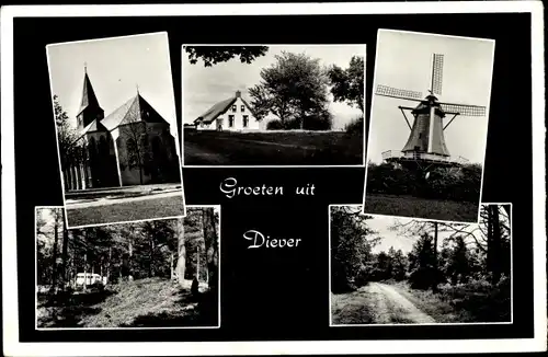 Ak Diever Drenthe Niederlande, Kerk, Molen, Boslaan