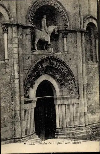 Ak Melle Deux Sèvres, Porche de l´Église Saint Hilaire