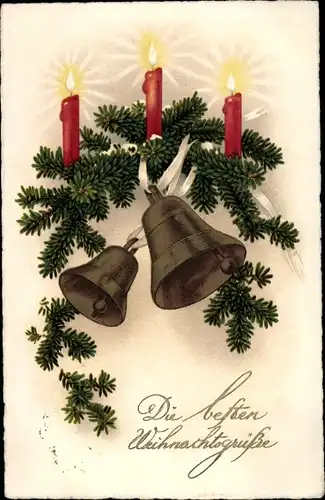 Ak Glückwunsch Weihnachten, Glocken, Kerzen, Tannenbaum Zweig