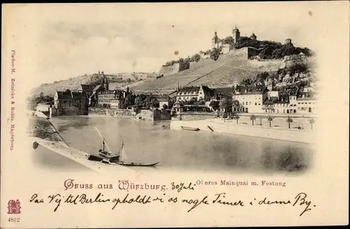 Ak Würzburg am Main Unterfranken, Oberes Mainquai mit Festung