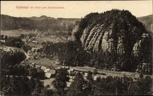 Ak Oybin in der Oberlausitz, Talblick mit Hain und Johannisstein