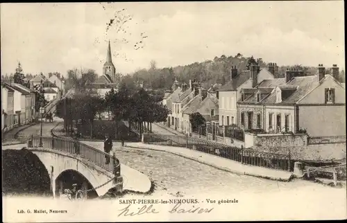 Ak Saint Pierre lès Nemours Seine et Marne, Panorama pris du Pont vers l´Église