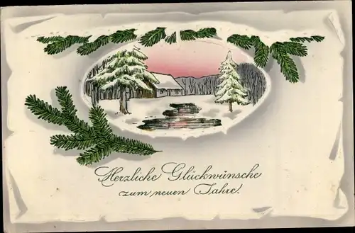 Litho Glückwunsch Neujahr, Winterlandschaft