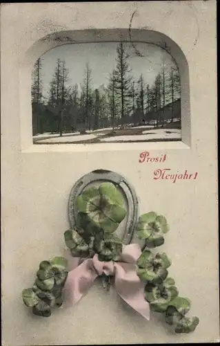 Ak Glückwunsch Neujahr, Hufeisen, Kleeblätter, Landschaft