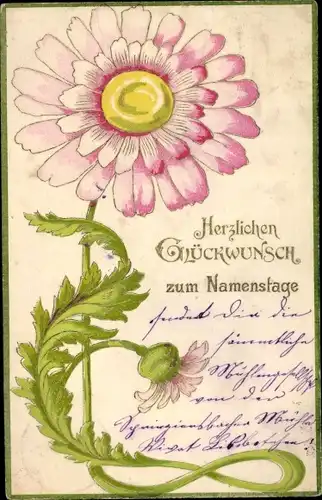 Litho Glückwunsch Namenstag, Rosa Blüte