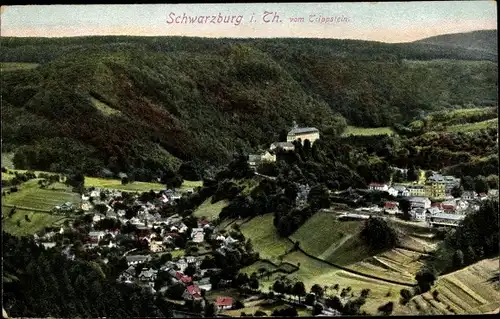 Ak Schwarzburg im Schwarzatal Thüringen, Gesamtansicht vom Trippstein aus