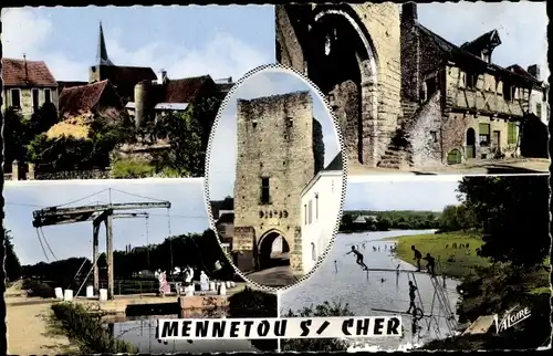 Ak Mennetou sur Cher Loir et Cher, L´Église, La Porte Nord, Porte Jeanne d´Arc, Pont sur le Canal