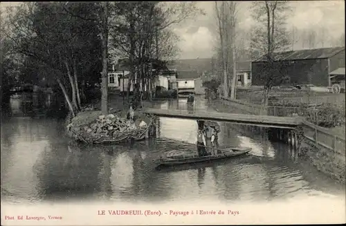 Ak Le Vaudreuil Eure, Paysage à l´Entrée du Pays, Barque