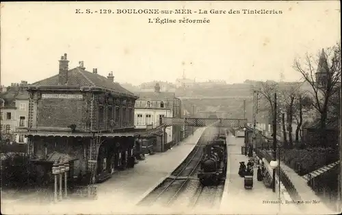 Ak Boulogne sur Mer Pas de Calais, La Gare des Tintelleries, Église Réformée