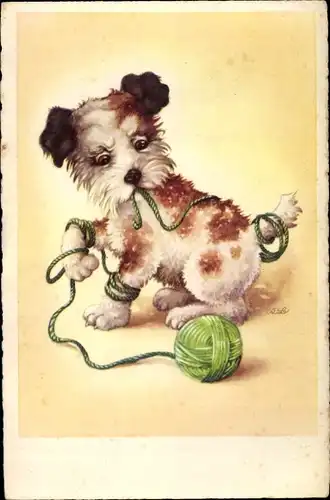 Künstler Ak Hund spielt mit einem Wollknäuel