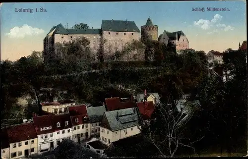 Ak Leisnig in Sachsen, Schloss Mildenstein, Gesamtansicht, Teilansicht vom Ort