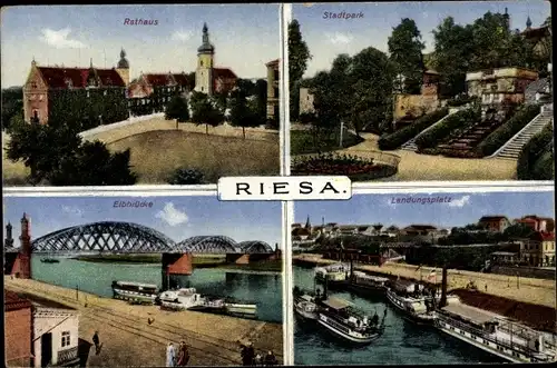 Ak Riesa an der Elbe Sachsen, Rathaus, Stadtpark, Elbbrücke, Landungsplatz