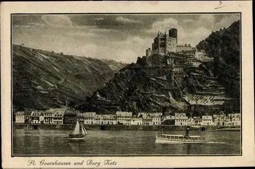 Ak Sankt Goarshausen am Rhein, Burg Katz, Salondampfer