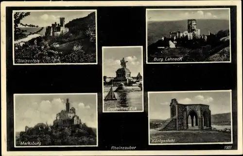 Ak Goarshausen, Stolzenfels, Burg Lahneck, Marksburg, Königsstuhl, Deutsches Eck, Rheinzauber