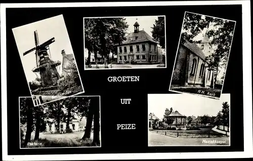 Ak Peize Drenthe Niederlande, Korenmolen, Gemeentehuis, Pastorie, N. H. Kerk, Muziekkoepel