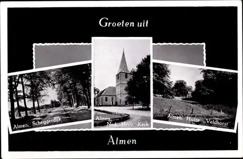 Ak Almen Gelderland, Ned. Herv. Kerk., Huize Veldhorst, Scheggerdijk