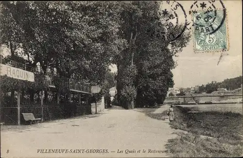 Ak Villeneuve Saint Georges Val de Marne, Quai et Restaurant Raquin