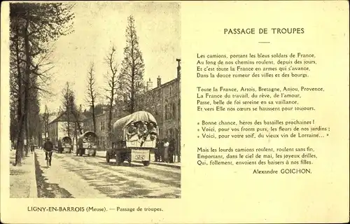 Ak Ligny en Barrois Meuse, Passage des Troupes, Camion de Soldats et Poême de A. Goichon