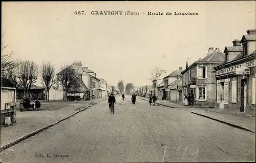 Ak Gravigny Eure, Route de Louviers, Café Mercerie, Épicerie