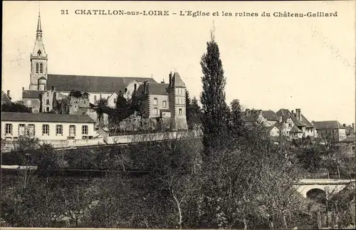 Ak Chatillon sur Loire Loiret, L´Église et les Ruines du Château-Gaillard