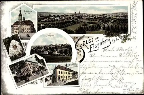 Litho Eisenberg Thüringen, Rathaus, Bismarckstein, Gymnasium, Schloss, Neue Reichspost