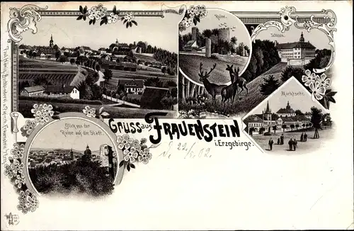 Litho Frauenstein im Erzgebirge, Panorama vom Ort, Ruine, Schloss, Marktseite