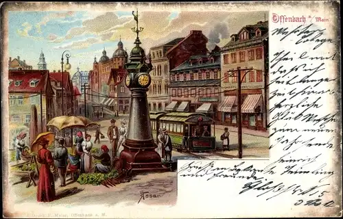 Künstler Litho Fesar, Offenbach am Main Hessen, Markt, Uhrenturm, Tram