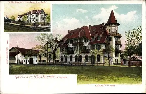 Ak Ebenhausen im Isartal Schäftlarn in Oberbayern, Villa Sauer, Schloss Rambaldi, Gasthof zur Post