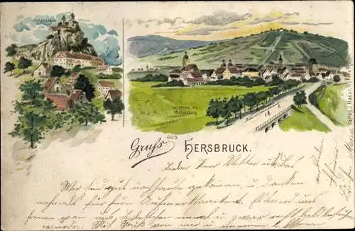 Litho Hersbruck in Mittelfranken, Hohenstein, Panorama mit Michelsberg