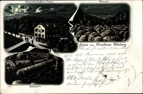 Mondschein Litho Reichenbach Lautertal im Odenwald, Restaurant Forsthaus Feldberg, Felsenmauer